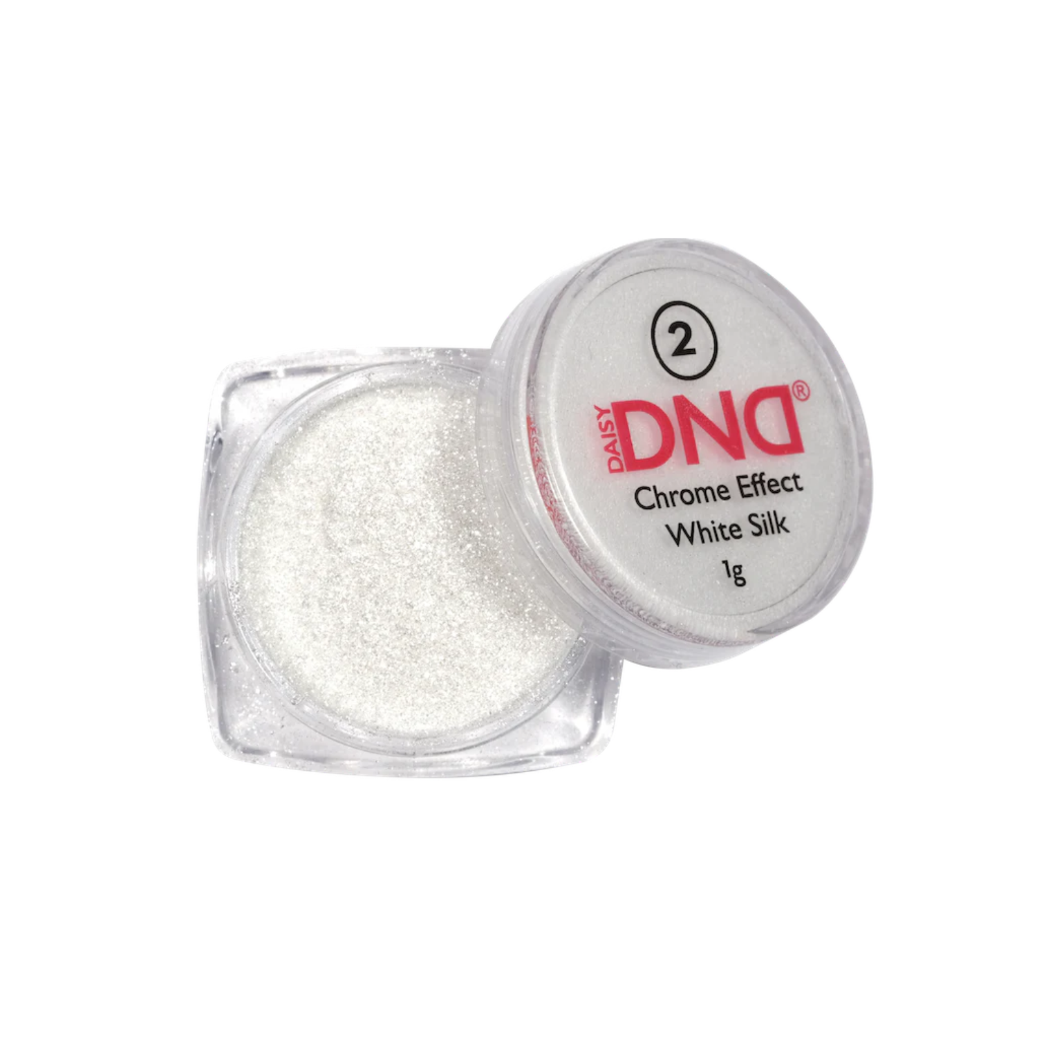 A tin of DND Chrome Effect White Silk Powder.