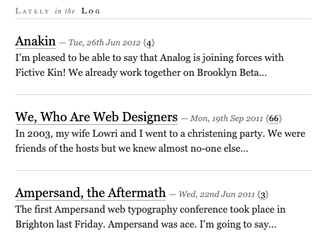 blog posts by Jon Tangerine showing titles, dates and the first few sentences of each post