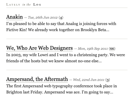 blog posts by Jon Tangerine showing titles, dates and the first few sentences of each post