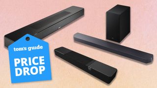 the bose smart soundbar, samsung q600f, klipsch flexus core 100 soundbars on a peach background with a blue tom's guide price drop badge