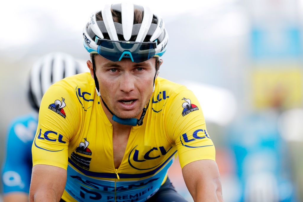 LA PLAGNE FRANCE JUNE 05 Alexey Lutsenko of Kazahkstan and Team Astana Premier Tech yellow leader jersey at arrival during the 73rd Critrium du Dauphin 2021 Stage 7 a 1715km stage from SaintMartinLeVinoux to La Plagne 2072m UCIworldtour Dauphin dauphine on June 05 2021 in La Plagne France Photo by Bas CzerwinskiGetty Images