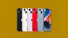 iPhone 14 Plus on a yellow background