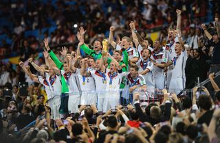 Germany players celebrate their World Cup final win against Argentina in July 2014.