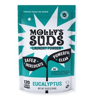 A blue packet of laundry detergent powder with Molly Suds branding