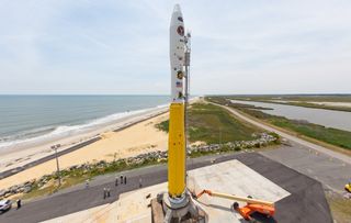 A Minotaur 1 rocket stands ready to launch the NROL-111 mission on Pad 0B at NASA's Wallops Flight Facility in Wallops Island, Virginia.