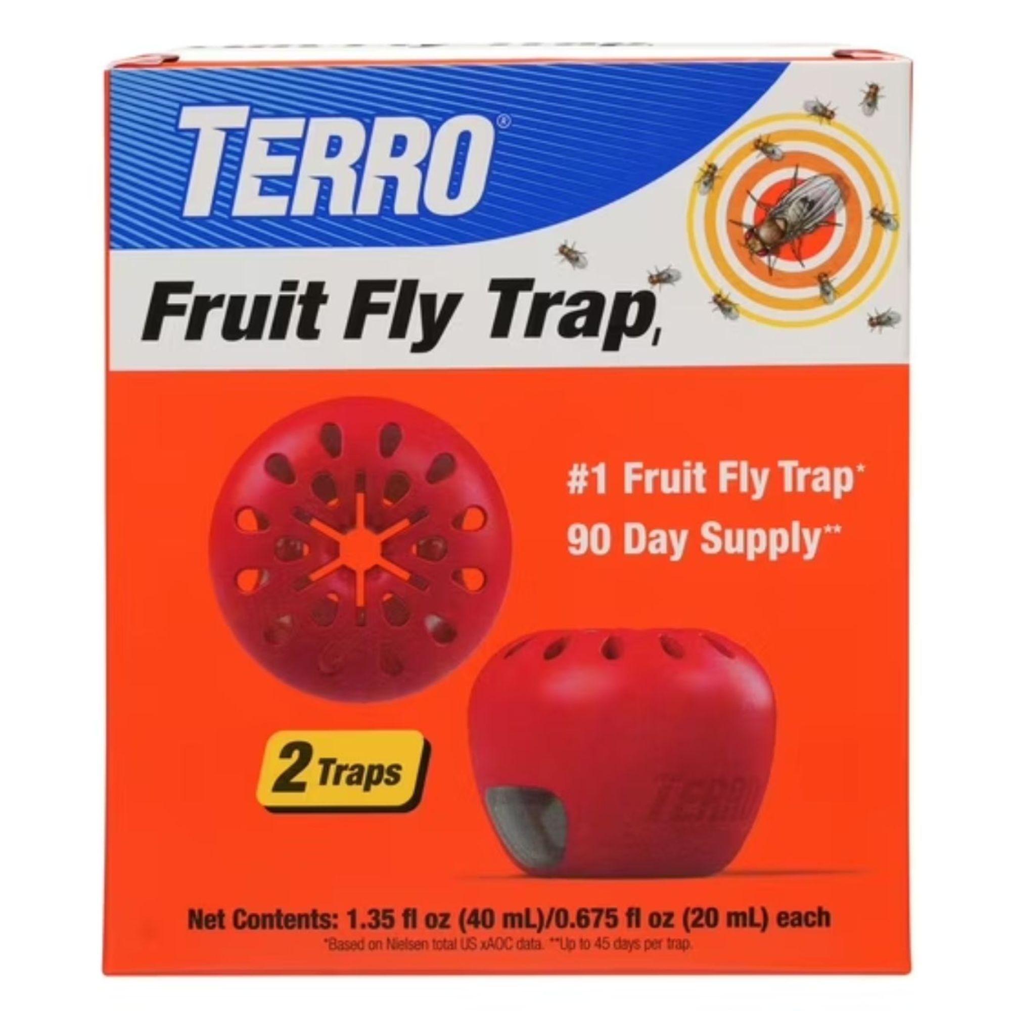 An orange box with a picture of a red fruit fly trap on it, with a label that says 'Terro fruit fly trap'