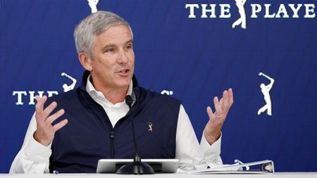 Jay Monahan speaks to the media at The Players Championship