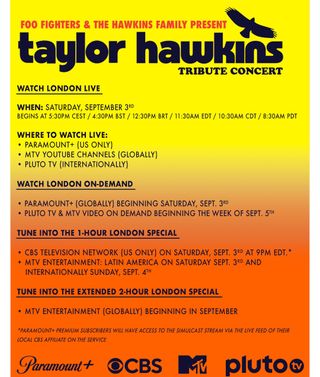 A poster detailing the broadcast and streaming info for the forthcoming Taylor Hawkins tribute concert at Wembley Stadium