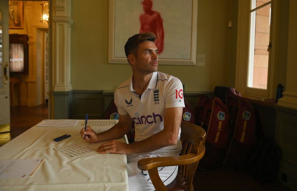 James Anderson of England takes a break from a signing session in the Long Room at Lord&#039;s Cricket Ground on July 08, 2024 in London, England