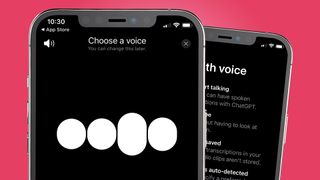 Dos iPhones sobre fondo rosa mostrando la función de voz de ChatGPT