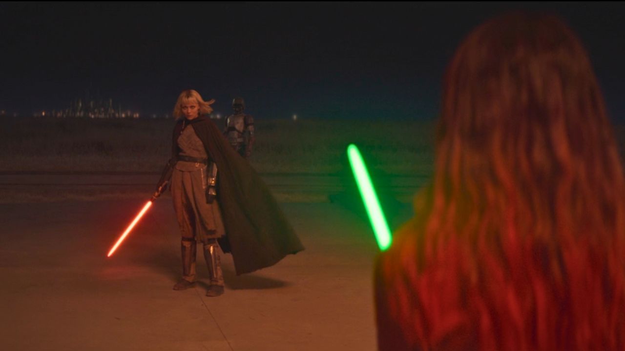 Shin approaching Sabine with her lightsaber in Ahsoka Episode 1