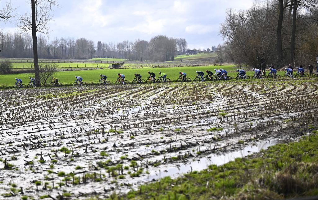 The pack of riders pictured in action during the Kuurne-Brussels-Kuurne one day cycling race, 196,4 km from Kuurne to Kuurne via Brussels, Sunday 25 February 2024.
BELGA PHOTO JASPER JACOBS (Photo by JASPER JACOBS / BELGA MAG / Belga via AFP)