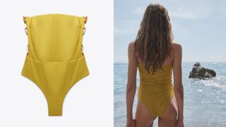 composite of flat lay and model wearing Zara Strapless Swimsuit