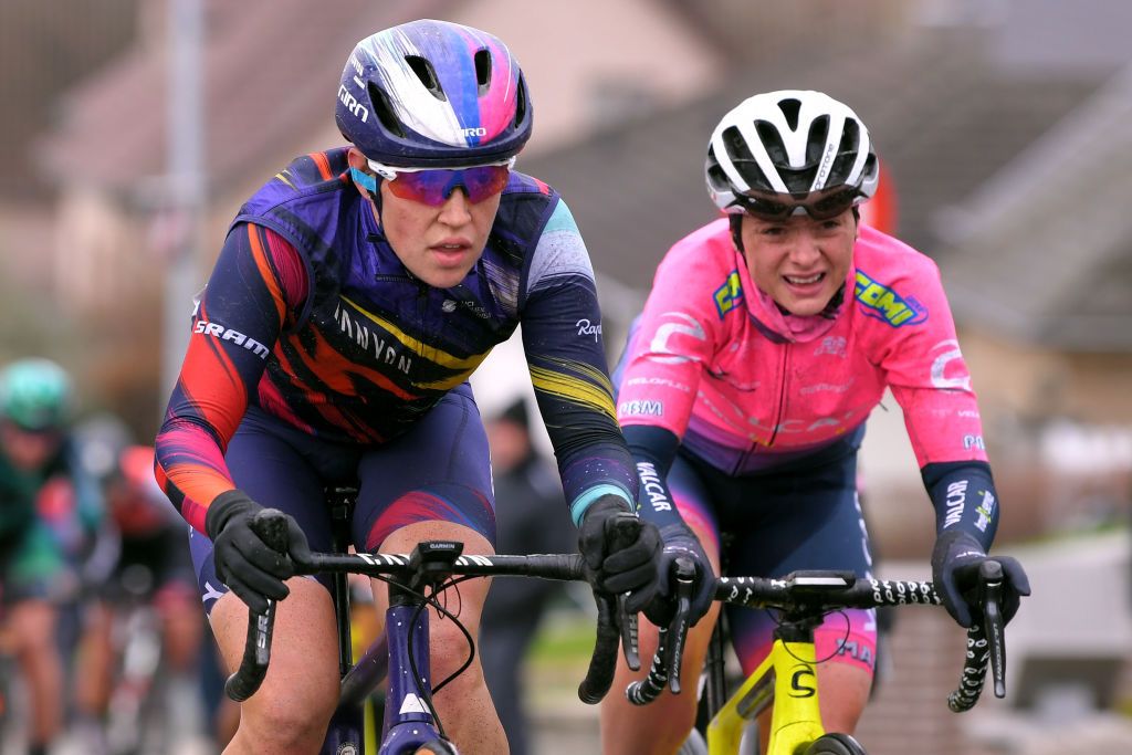 NINOVE BELGIUM FEBRUARY 29 Tanja Erath of Germany and Team Canyon SRAM Racing Chiara Consonni of Italy and Team Valcar Travel Service during the 75th Omloop Het Nieuwsblad 2020 Women Race a 1229km race from Ghent to Ninove OmloopHNB OHN20 OHNwomen on February 29 2020 in Ninove Belgium Photo by Luc ClaessenGetty Images