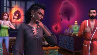 The Sims 4 cheats - a Sim contemplates a spooky sad spirit
