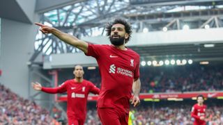 Mohamed Salah of Liverpool celebrates his goal during a Premier League match for Liverpool FC at Anfield