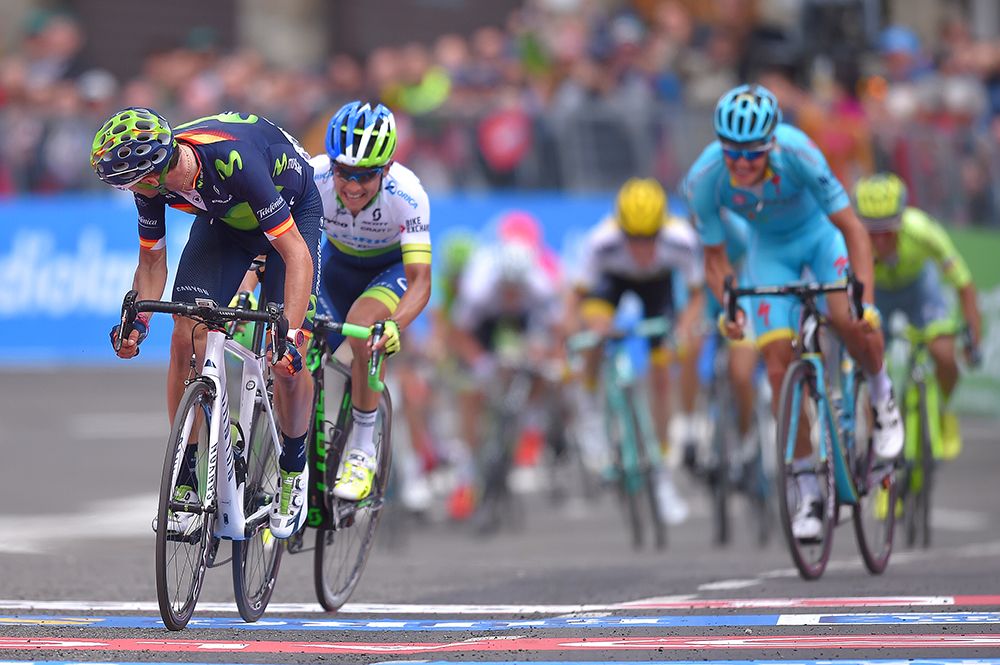Alejandro Valverde (Movistar) and Esteban Chaves (Orica-GreenEdge) hit the line