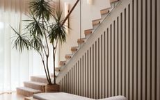 beige staircase with slatted panelling and tall plant