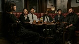 The Oxford Five sit in a pub drinking in Netflix's 3 Body Problem TV adaptation
