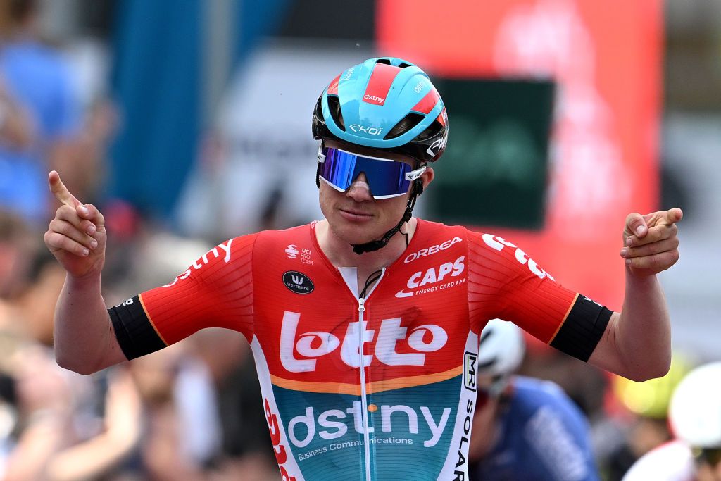 FRANKFURT AM MAIN GERMANY MAY 01 Maxim Van Gils of Belgium and Team Lotto Dstny celebrates at finish line as race winner during the the 63rd EschbornFrankfurt 2024 a 2015km one day race from Eschborn to Frankfurt am Main UCIWT on May 01 2024 in Frankfurt am Main Germany Photo by Christian KasparBartkeGetty Images