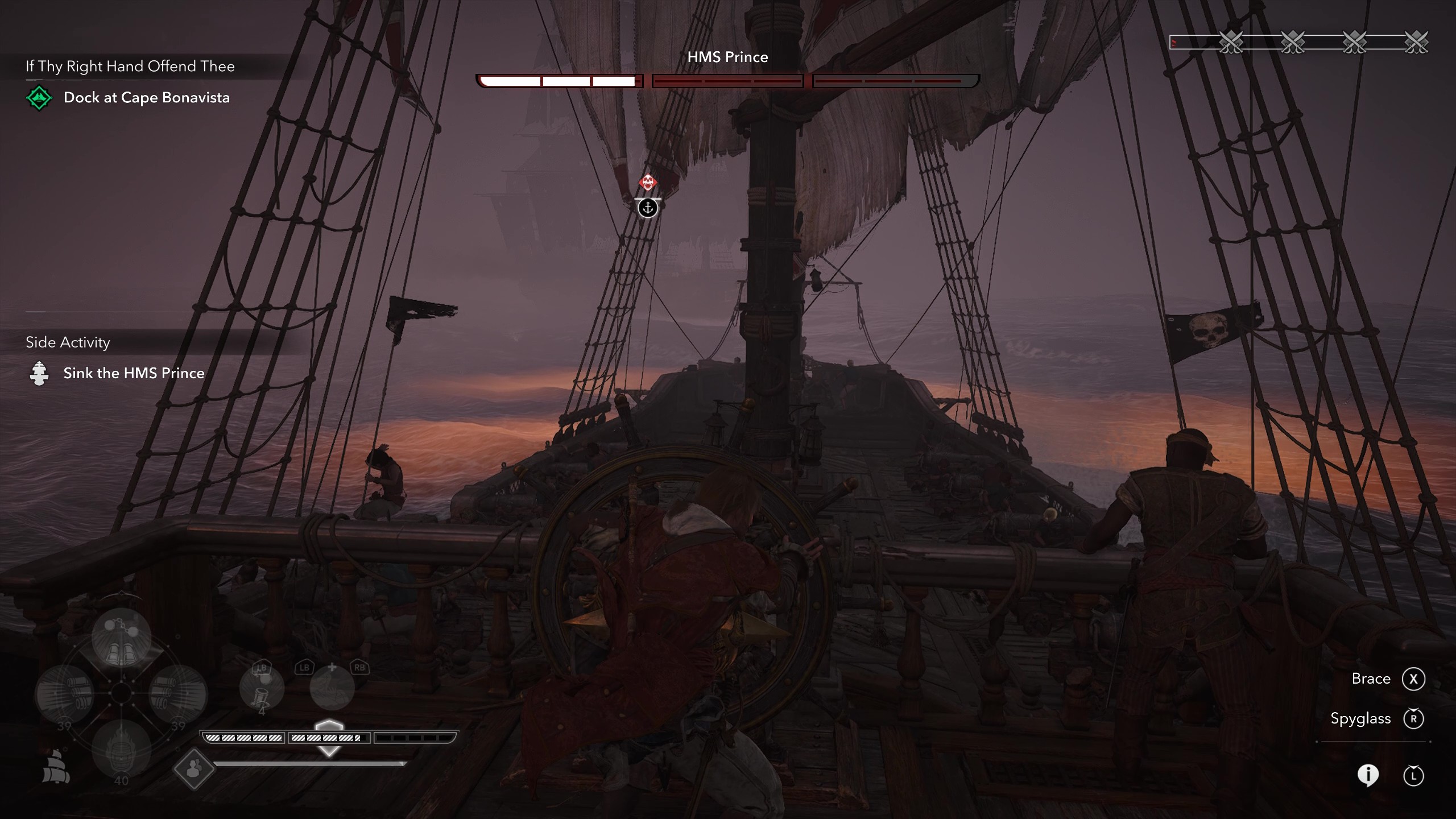Gameplay of naval combat against HMS Prince, with the player bracing for mortars.