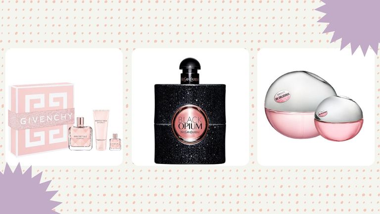 Three cyber monday perfume deals on a polka dot background, ysl black opium, givenchy irresistable and DKNY be deliciouc