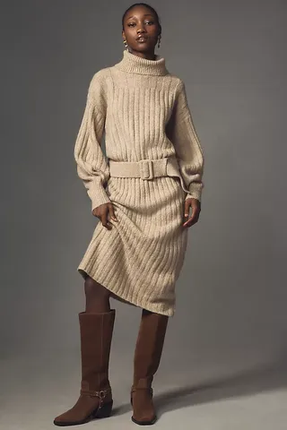 By Anthropologie Long-Sleeve Turtleneck Belted Midi Jumper Dress