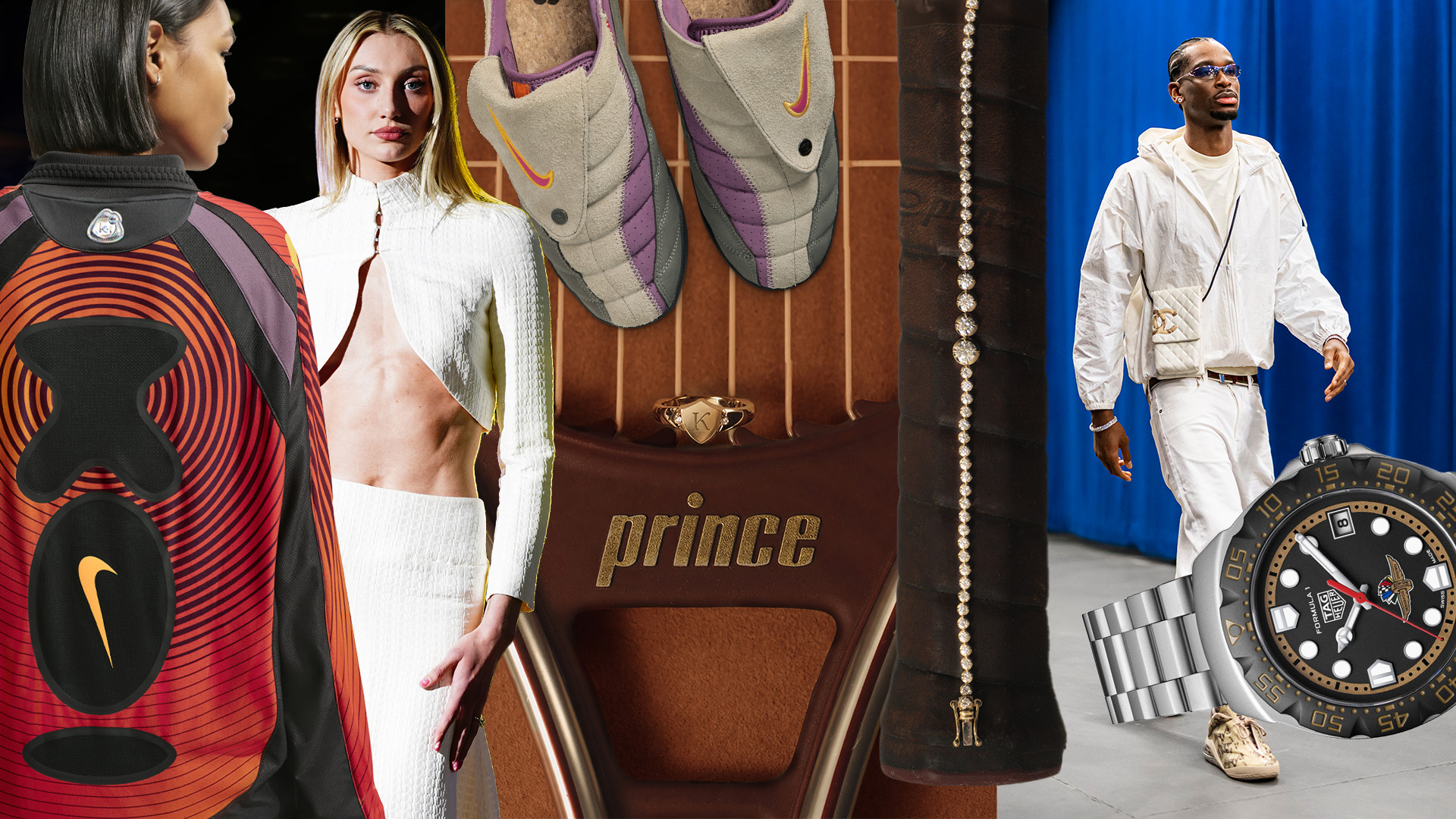 A collage showcasing images of the latest pieces of fashion and sports news.