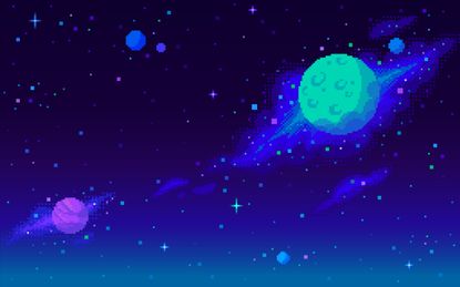 Planets and nebula background in pixel art style.