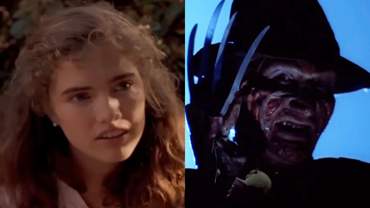 Heather Langenkamp and Robert Englund as Freddy Krueger in A Nightmare on Elm Street.