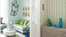 A statement living room and hallway with wallpaper, patterned furniture, a green oval ottoman and statement artwork on the walls.