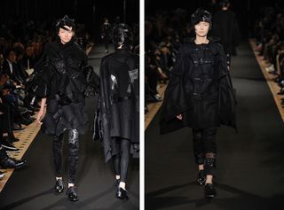 Watanabe dressed the models in triangles, waves and petal shapes, tunic tops, ponchos, capes and dramatic long skirts. mostly using dark colours. Accessorised with close fitted head garments