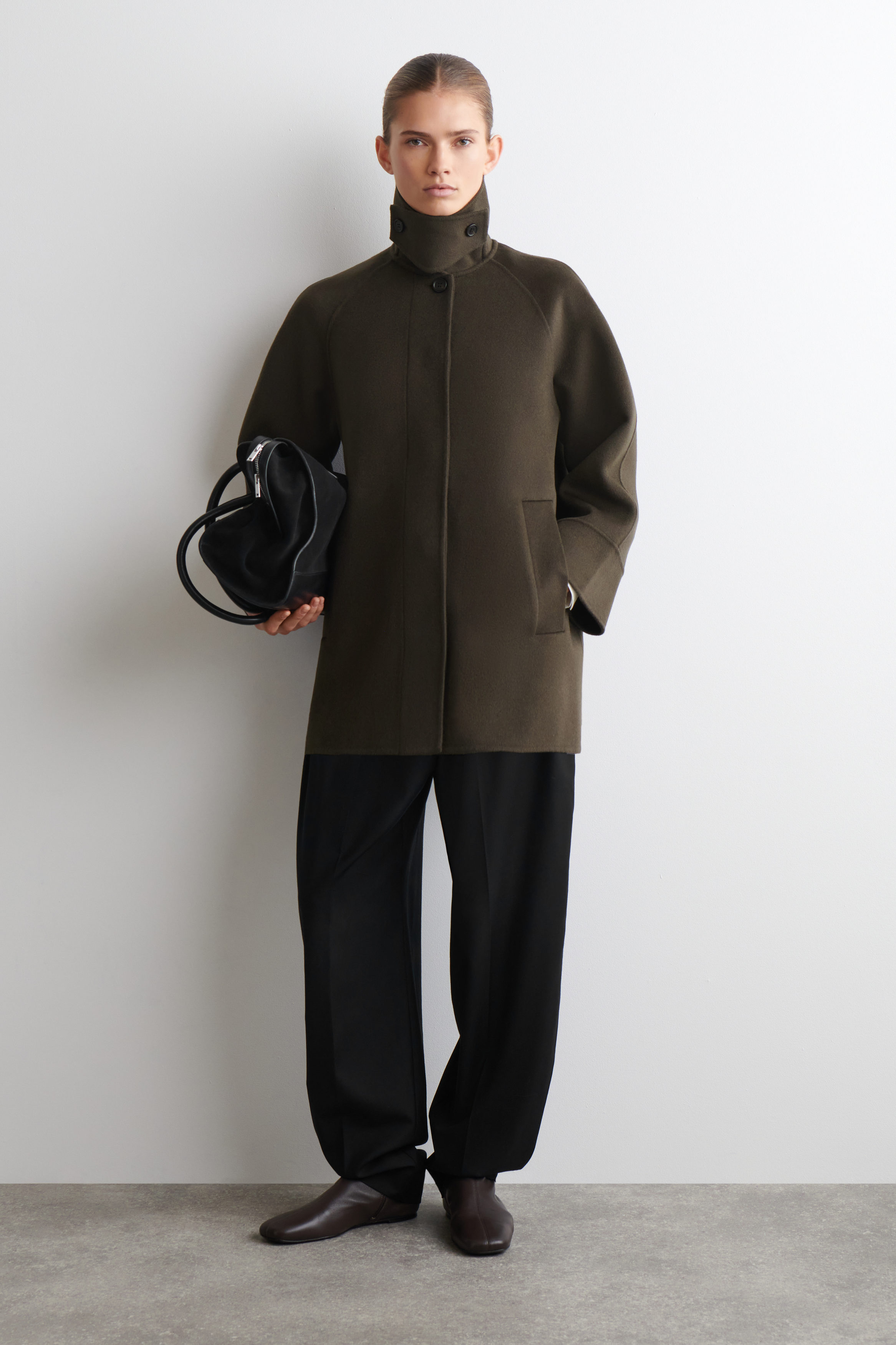 Mock-Neck Double-Faced Wool Short Coat