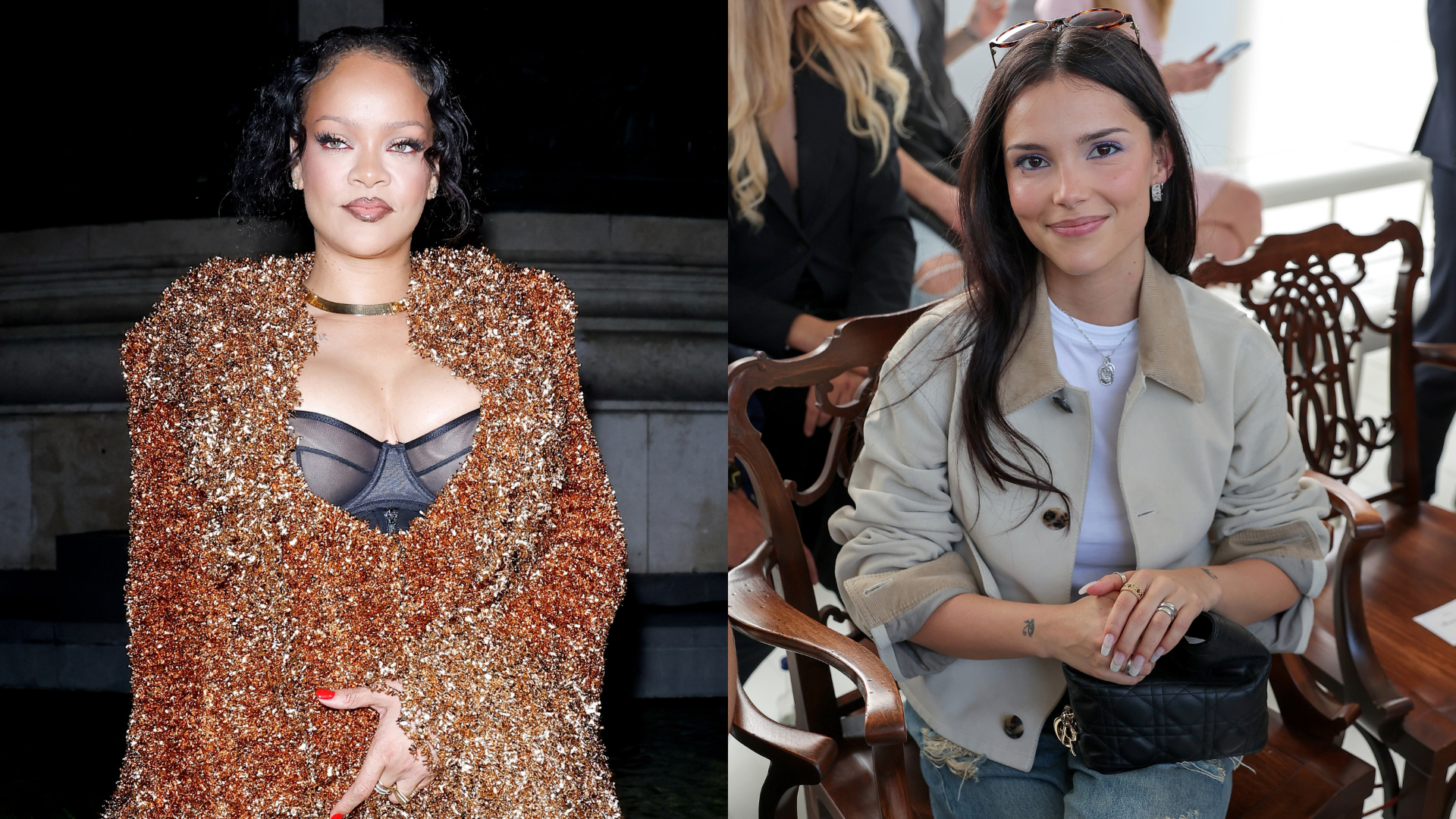 Photo collage of Rihanna and Inde Navarrette during Paris Fashion Week 
