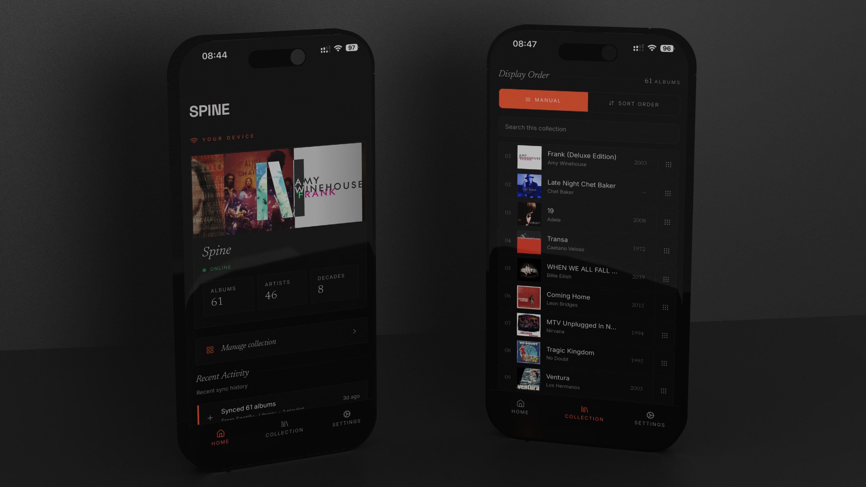 Two smartphones showing the Spine Music app