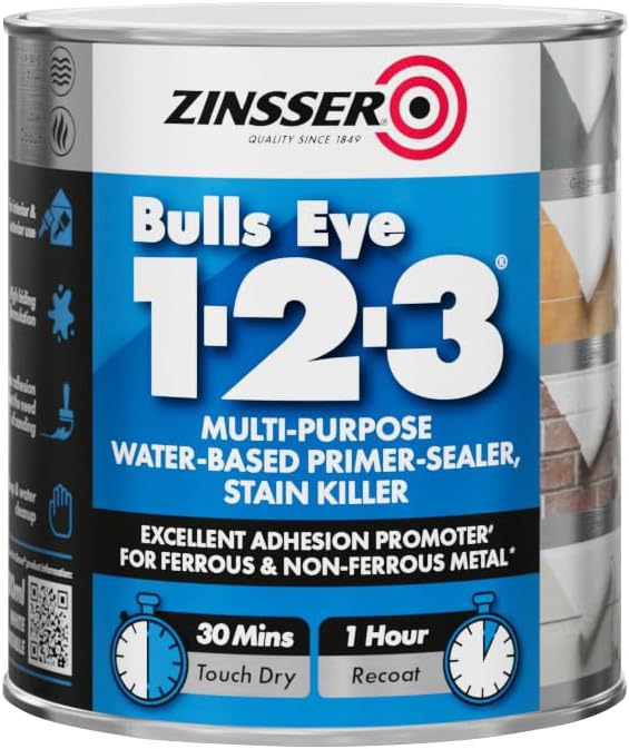 Zinsser Bulls Eye 1-2-3 Primer-Sealer &amp;amp; Stain Killer 500ml Ready Mixed Colour - Grey