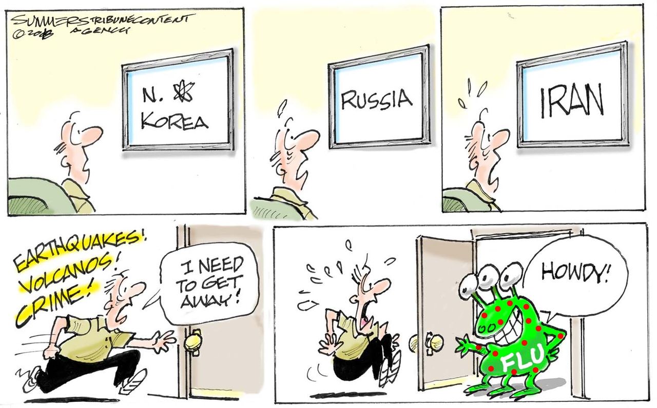 Political cartoon World North Korea Russia Iran natural disasters flu sick