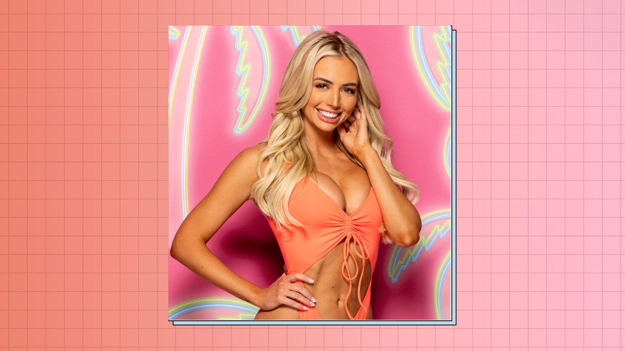 Mackenzie Dipman on Love Island/ on a pink and orange background