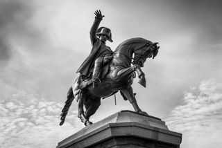 Statue of Napoleon Bonaparte on horseback located at Napoleon Square in Cherbourg-Octeville, France. The statue is the work of Armand Le Veel.