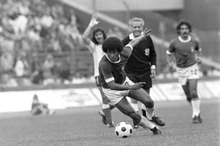 Jairzinho playing for Brazil against Argentina at the 1974 World Cup