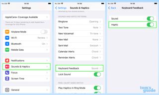 Screenshots showing how to enable haptic keyboard feedback in iOS 16