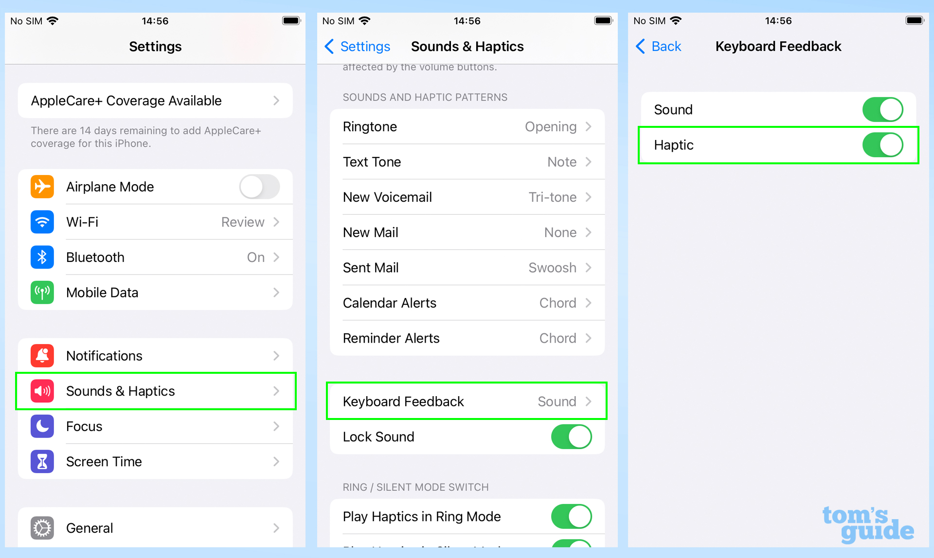 Screenshots showing how to enable haptic keyboard feedback in iOS 16