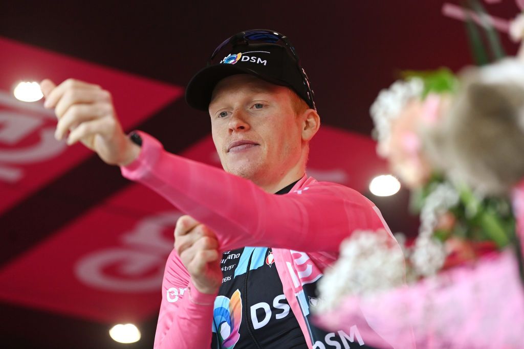 LAGO LACENOBAGNOLI IRPINO ITALY MAY 09 Andreas Leknessund of Norway and Team DSM celebrates at podium as Pink Leader Jersey winner during the 106th Giro dItalia 2023 Stage 4 a 175km stage from Venosa to Lago Laceno 1059m Bagnoli Irpino UCIWT on May 09 2023 in Bagnoli Irpino Italy Photo by Tim de WaeleGetty Images