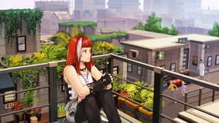 A Troubleshooter protagonist gazes at a city view while seated on a balcony.