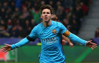 Lionel Messi celebrates a goal for Barcelona against Bayer Leverkusen in the Champions League in December 2015.