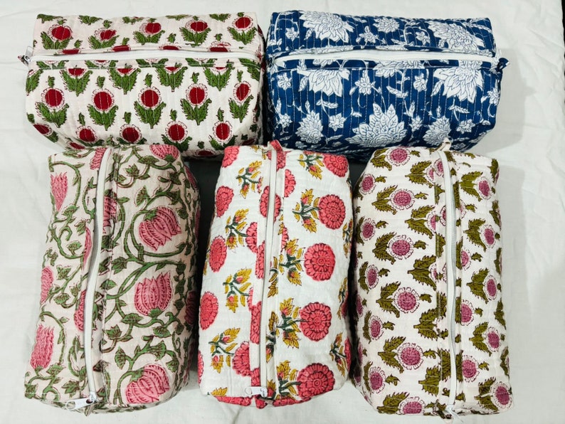 Handmade Block Printed Cotton Toiletry Bag | Quilted Travel Accessory