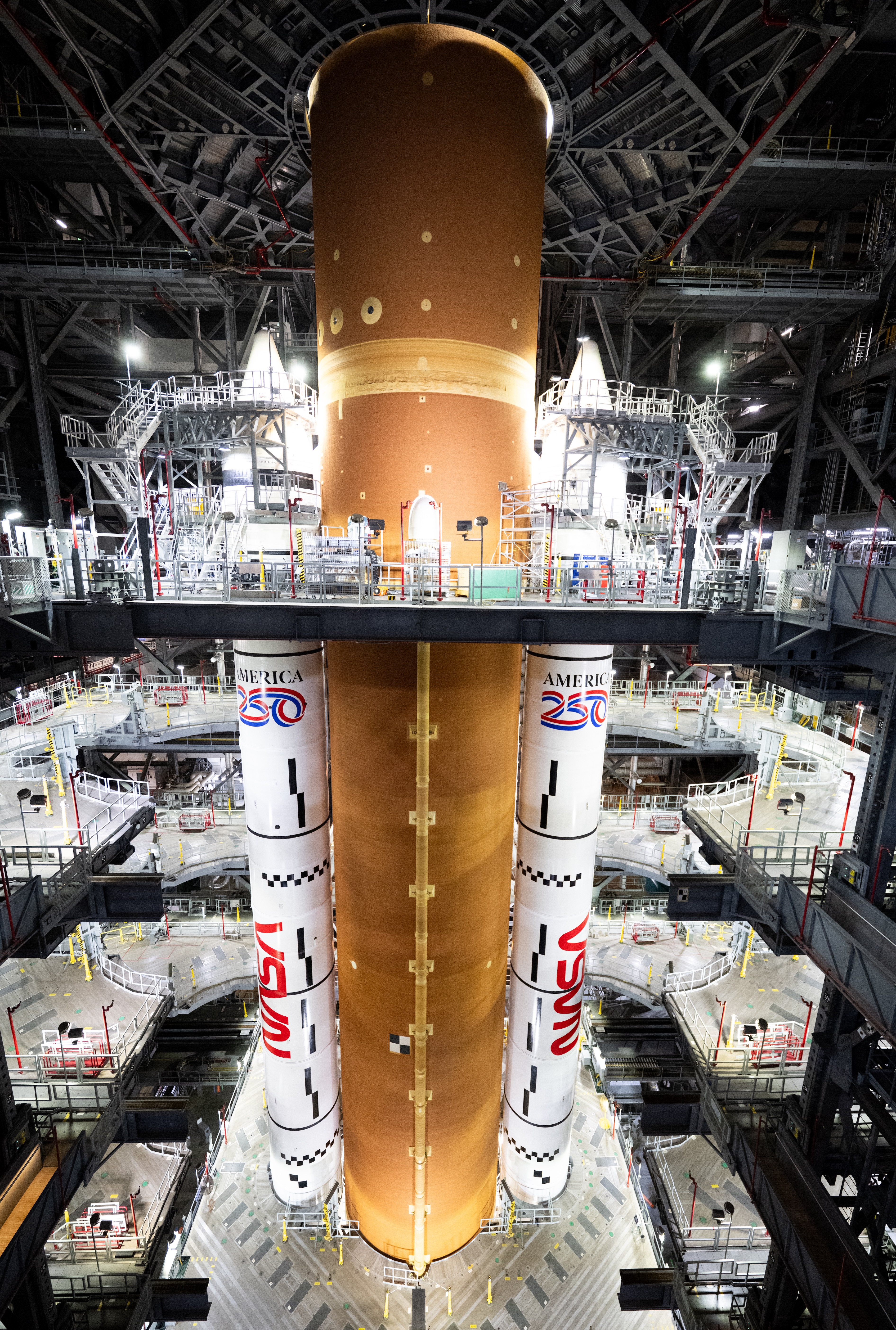 NASA's SLS (Space Launch System) rocket is seen inside High Bay 3 of the Vehicle Assembly Building