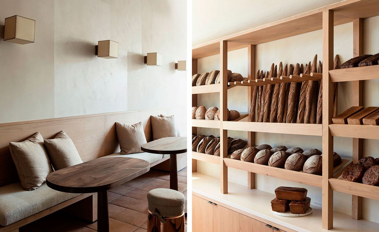 Tables, chairs and bread in gluten-free bakery