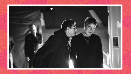 a black and white image of Liam and Noel backstage before a Live 25 gig 