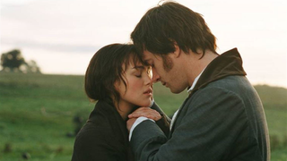 A romantic scene from Pride and Prejudice, where Elizabeth Bennet and Mr. Darcy stand closely together in a misty countryside, their foreheads almost touching as they share a tender moment.